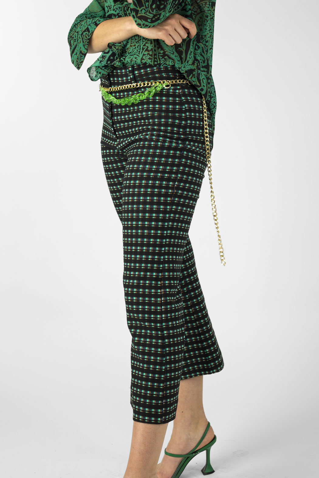 Jade Check Wide Crop Flare - Final Sale