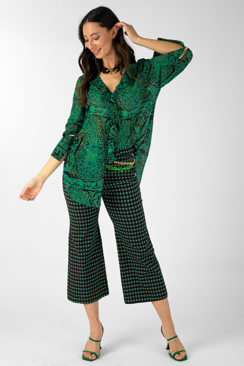 Jade Check Wide Crop Flare - Final Sale