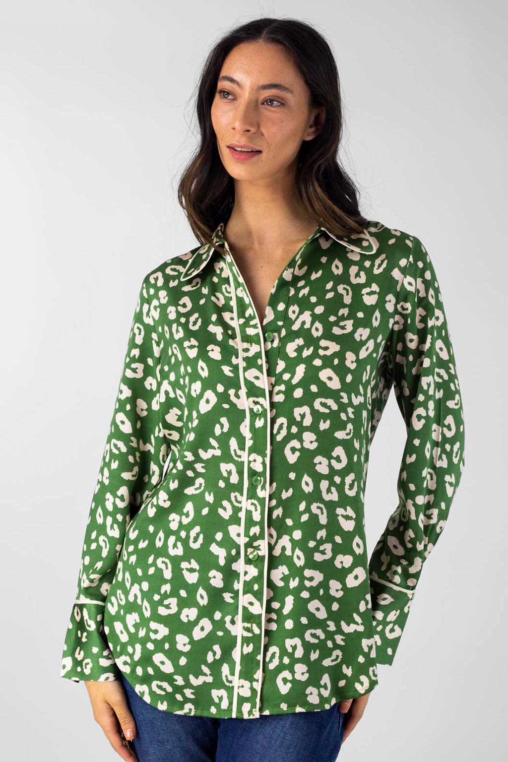 Green Animal Silky Piping Shirt - Final Sale
