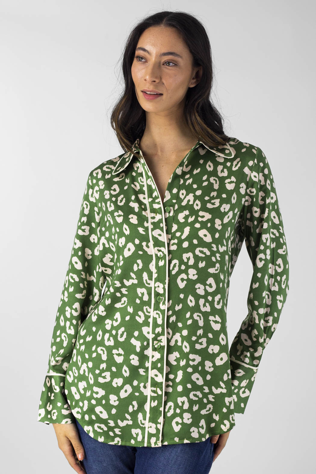 Green Animal Silky Piping Shirt - Final Sale