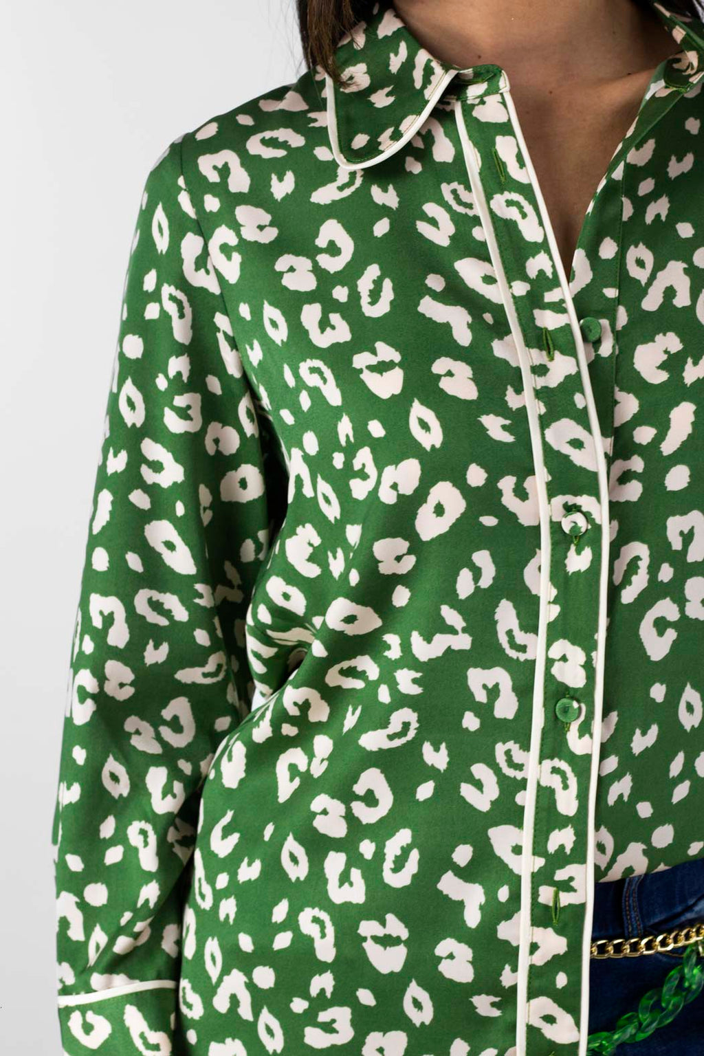 Green Animal Silky Piping Shirt - Final Sale