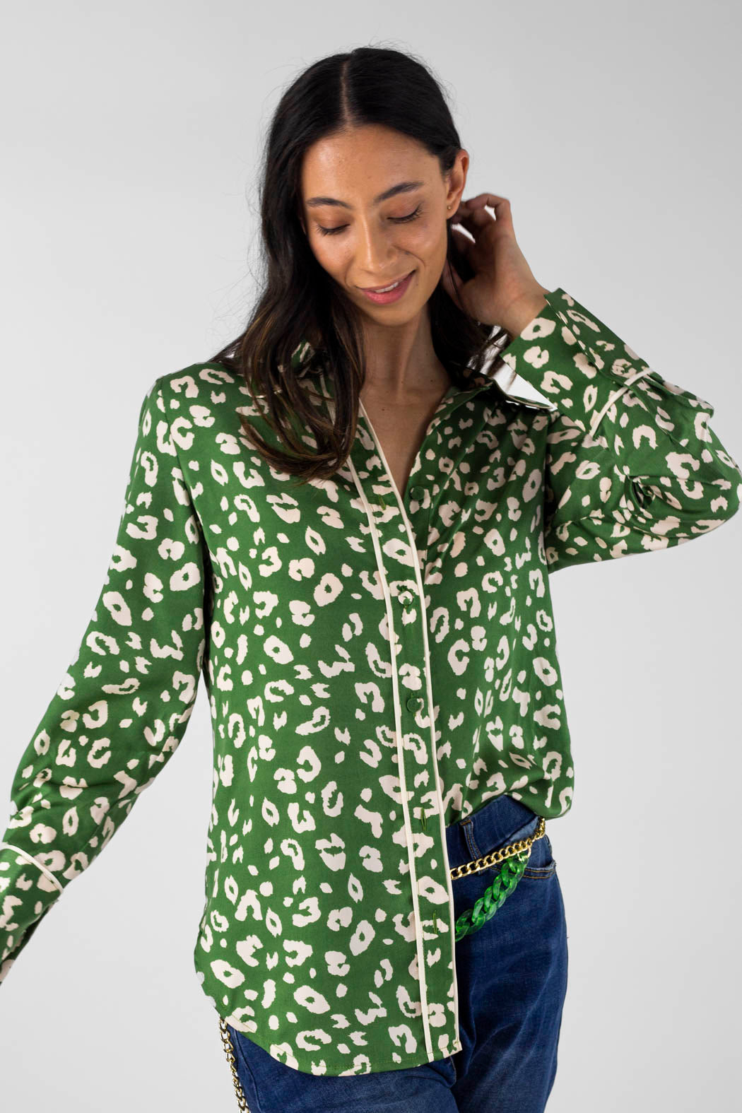 Green Animal Silky Piping Shirt - Final Sale