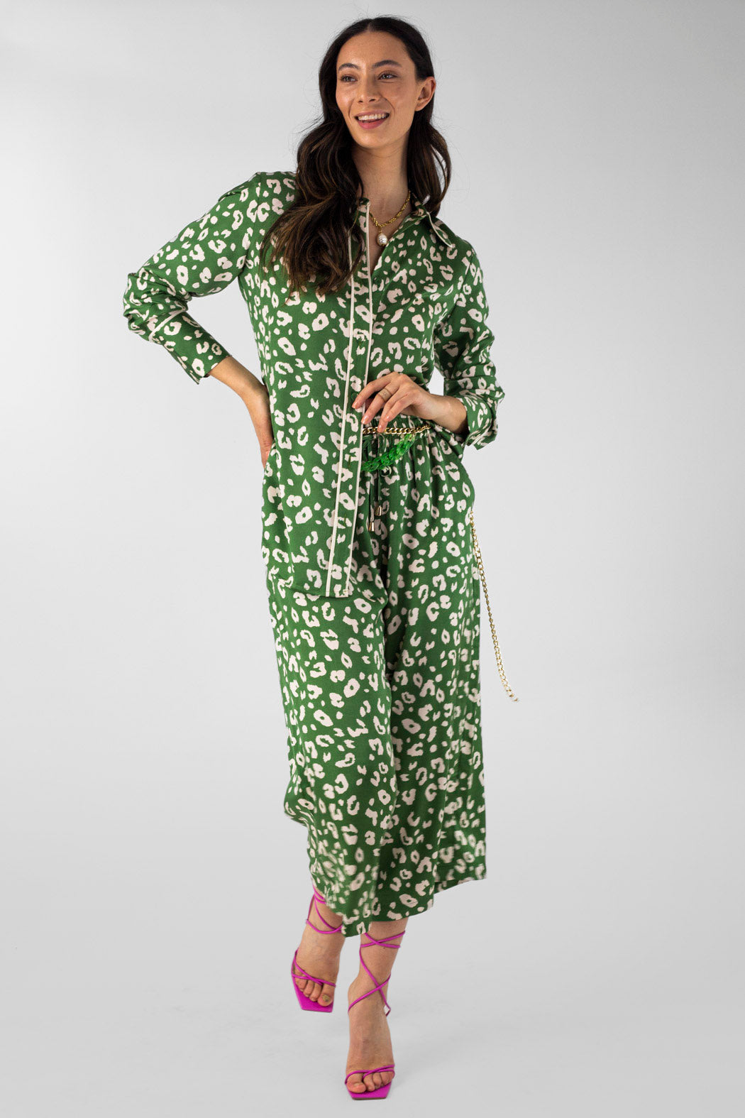 Green Animal Silky Piping Shirt - Final Sale