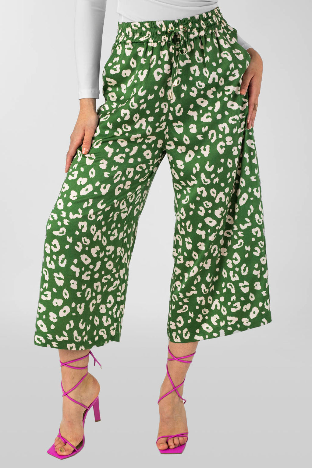 Green Animal Silky Crop Culottes - Final Sale