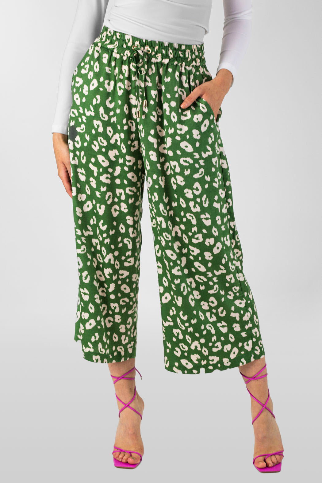 Green Animal Silky Crop Culottes - Final Sale