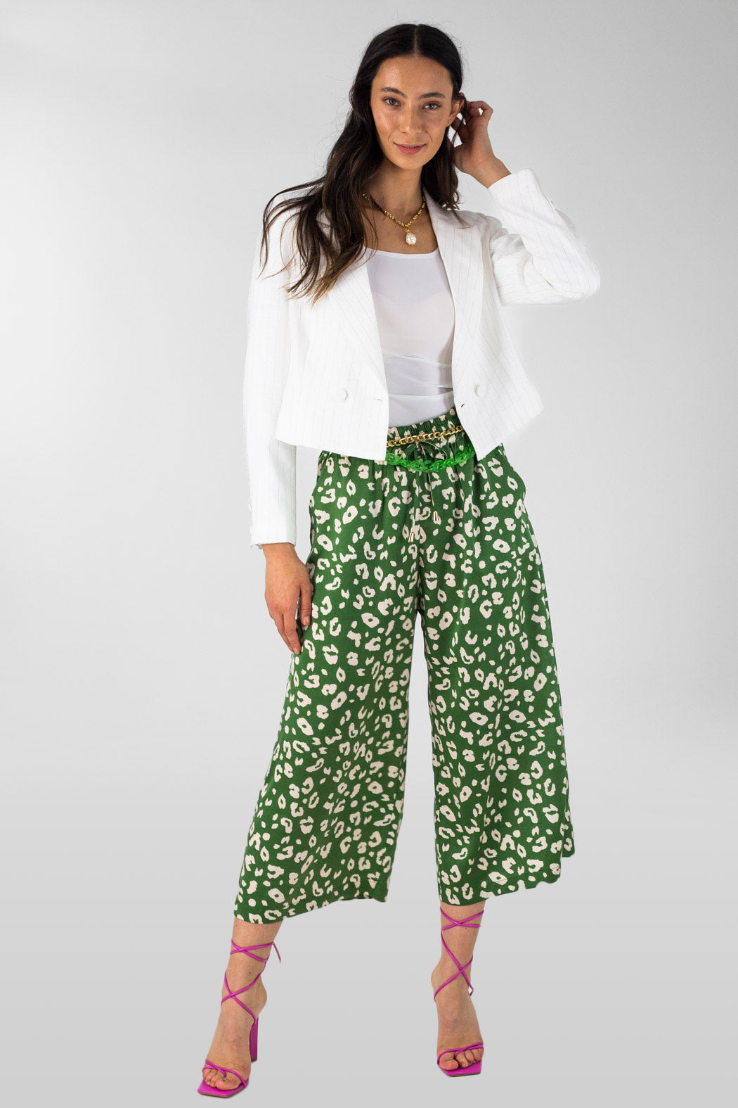 Green Animal Silky Crop Culottes - Final Sale
