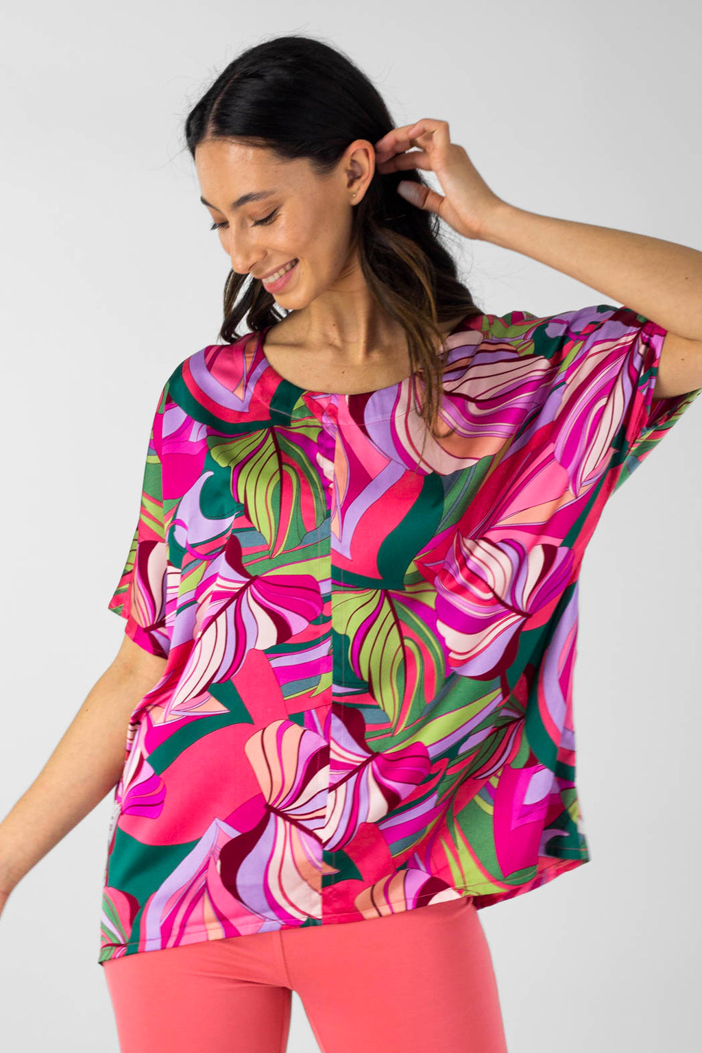 Pink Leaf Silky Over Top - Final Sale