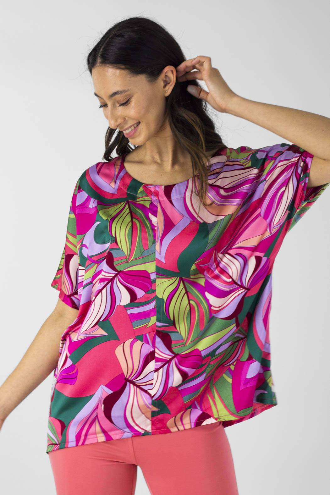 Pink Leaf Silky Over Top - Final Sale