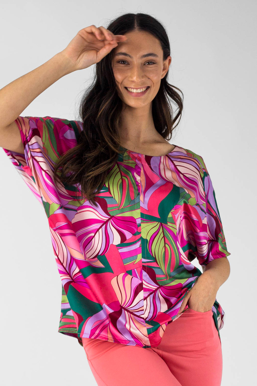 Pink Leaf Silky Over Top - Final Sale