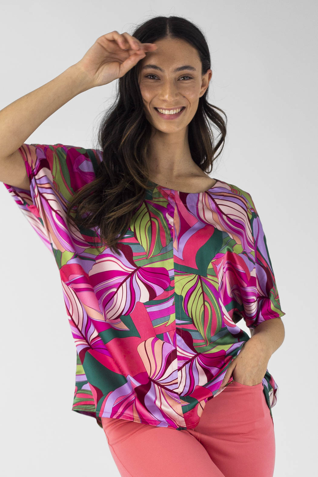 Pink Leaf Silky Over Top - Final Sale