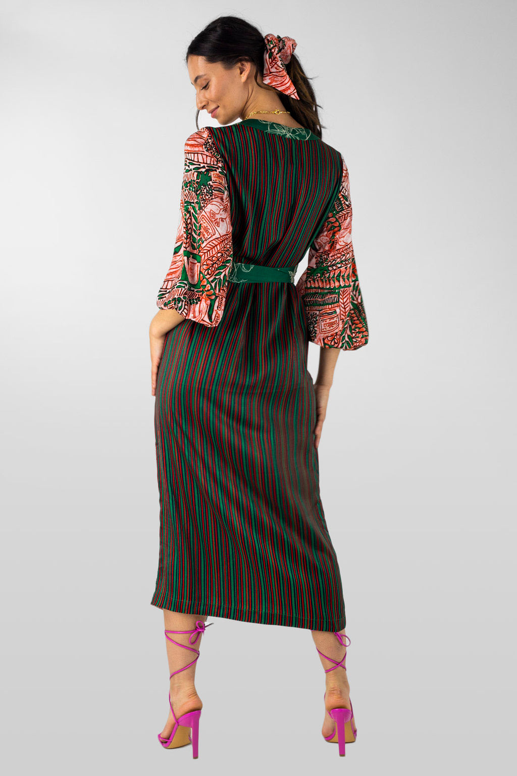 Orange Green Patchwork Wrap Dress - Final Sale