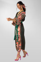 Orange Green Patchwork Wrap Dress - Final Sale