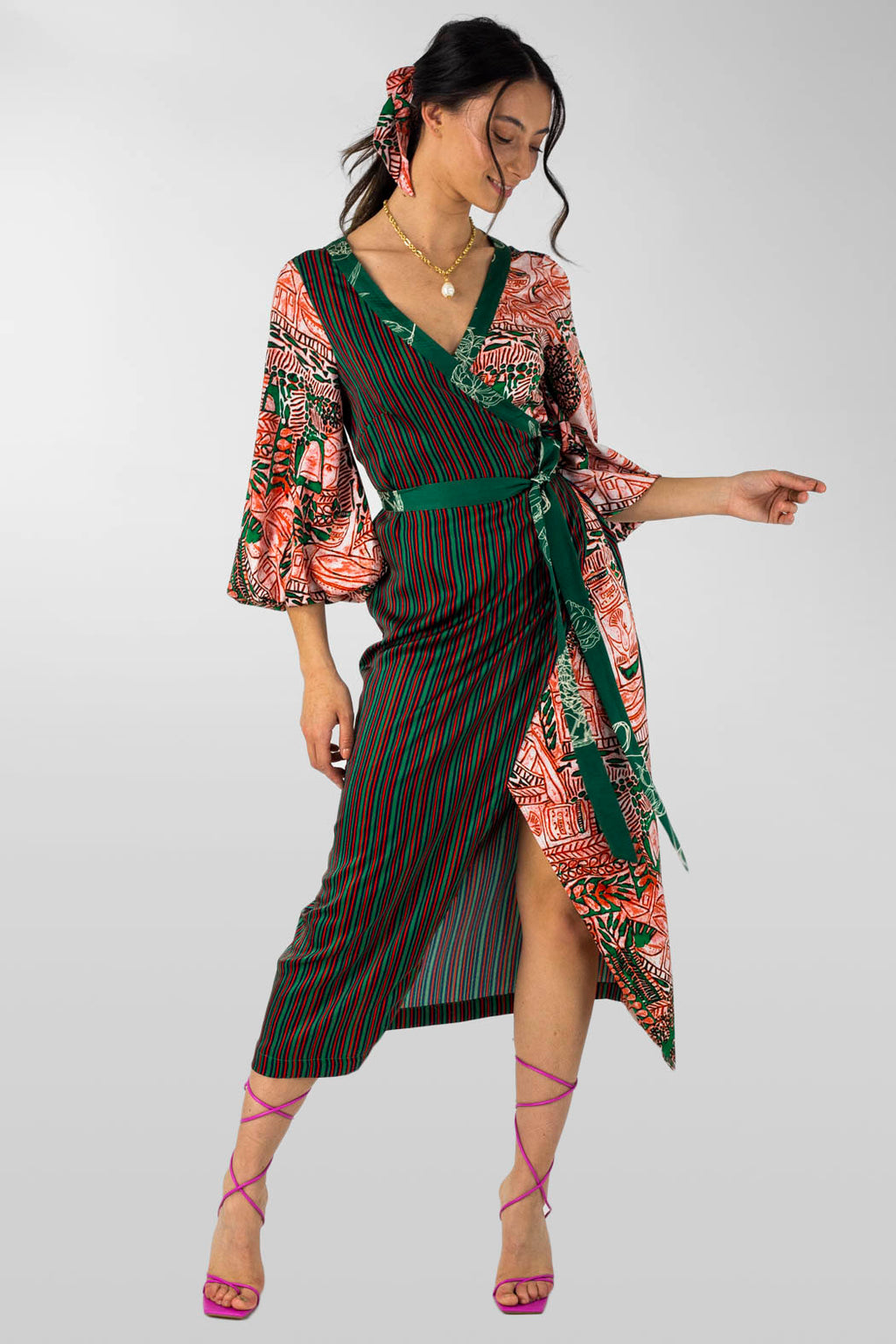 Orange Green Patchwork Wrap Dress - Final Sale