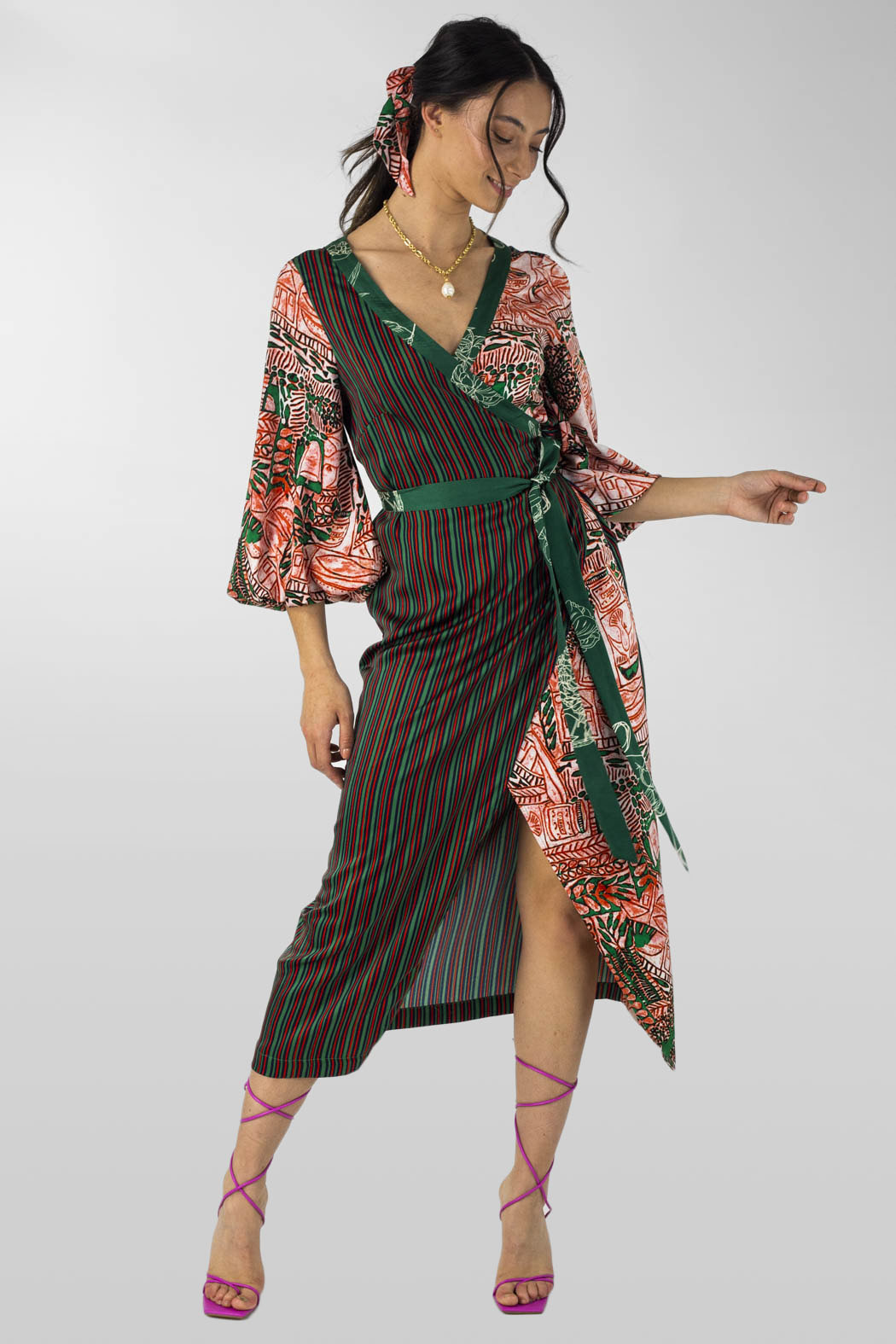 Orange Green Patchwork Wrap Dress - Final Sale