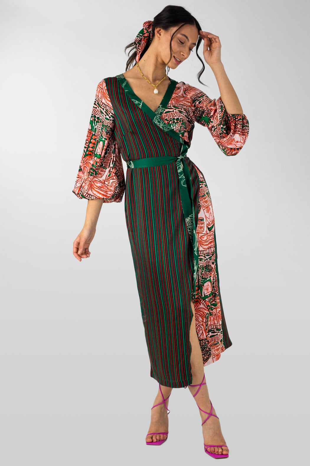 Orange Green Patchwork Wrap Dress - Final Sale