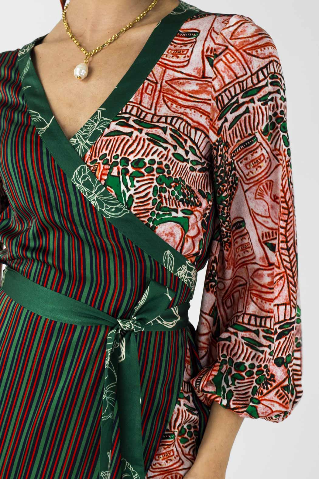 Orange Green Patchwork Wrap Dress - Final Sale