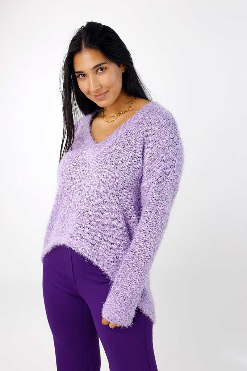 Lilac Fluffy V Neck Jumper - FINAL SALE