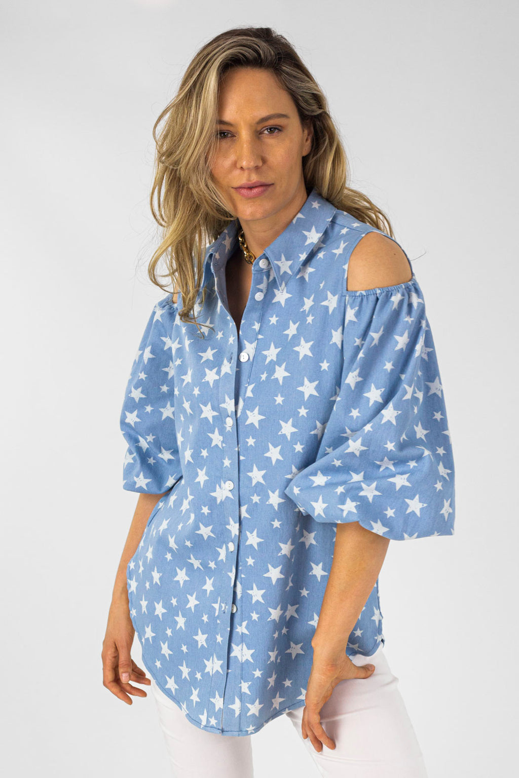 Star Print Chambray Shoulder Shirt - Final Sale