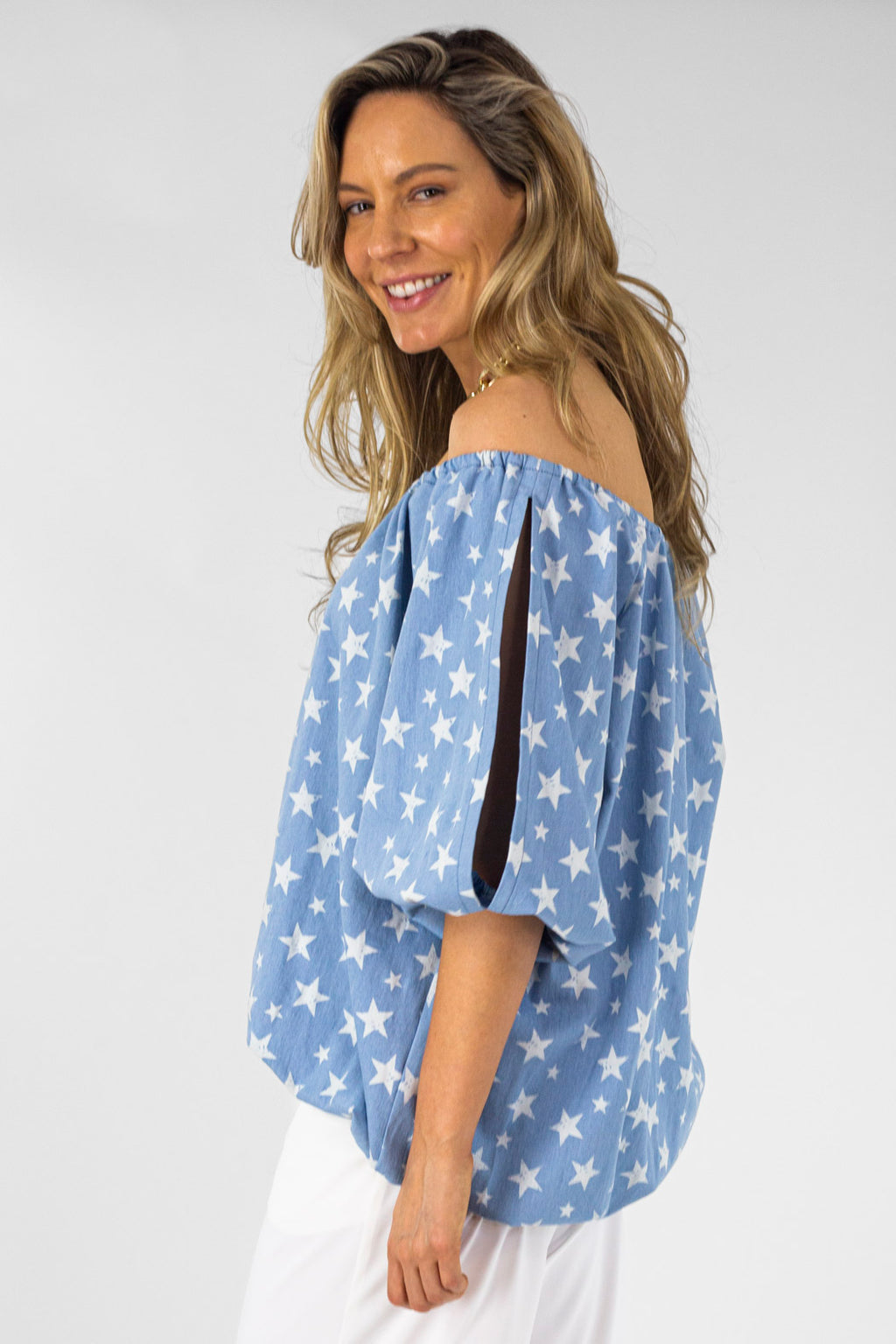 Star Print Off Shoulder Balloon Top - Final Sale