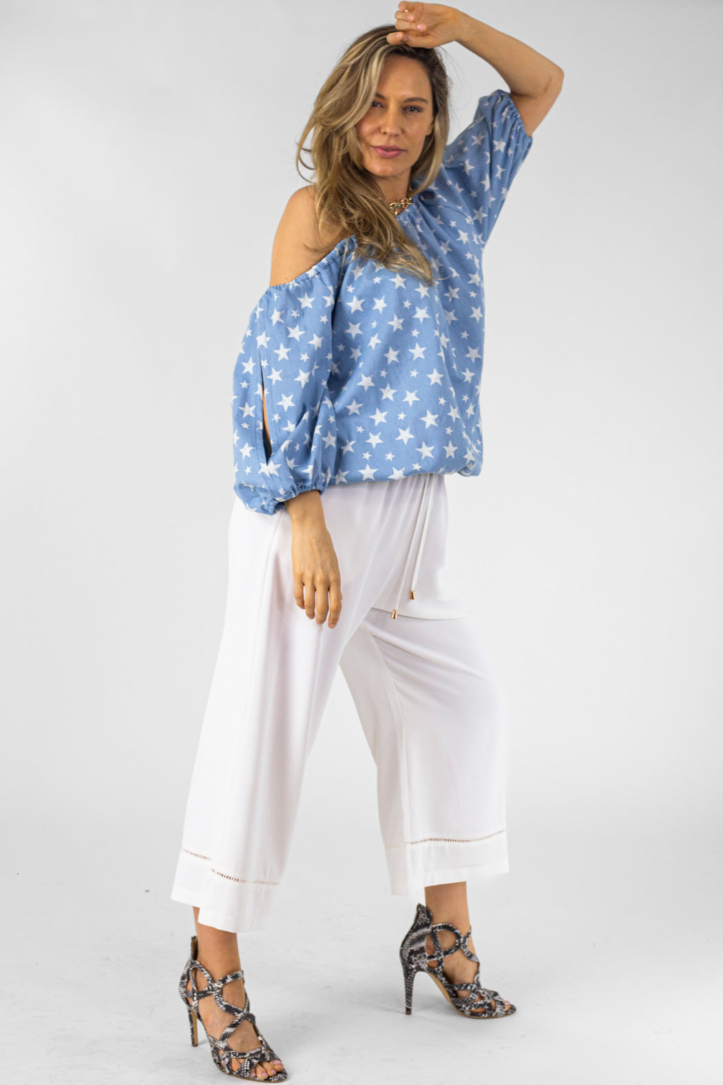 Star Print Off Shoulder Balloon Top - Final Sale