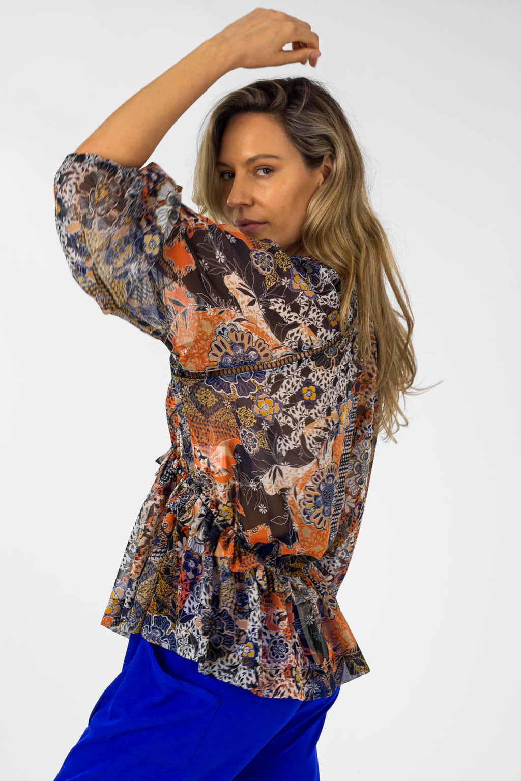 Print Trim Detail Blouse - Sale