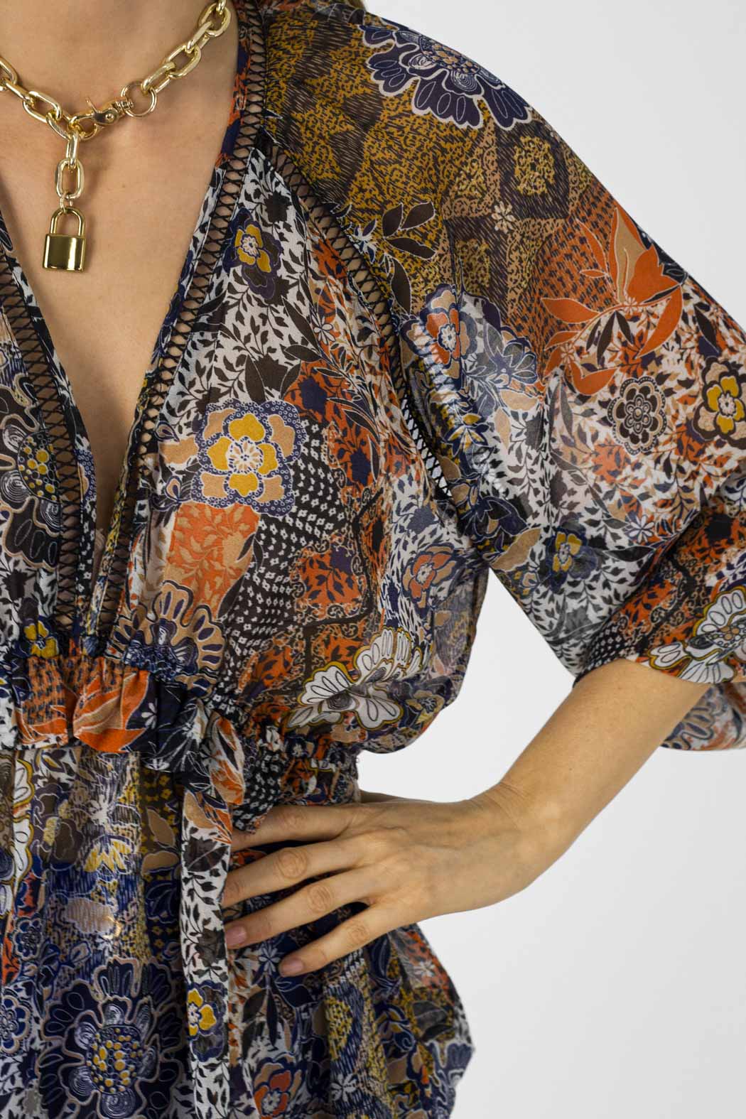 Print Trim Detail Blouse - Sale