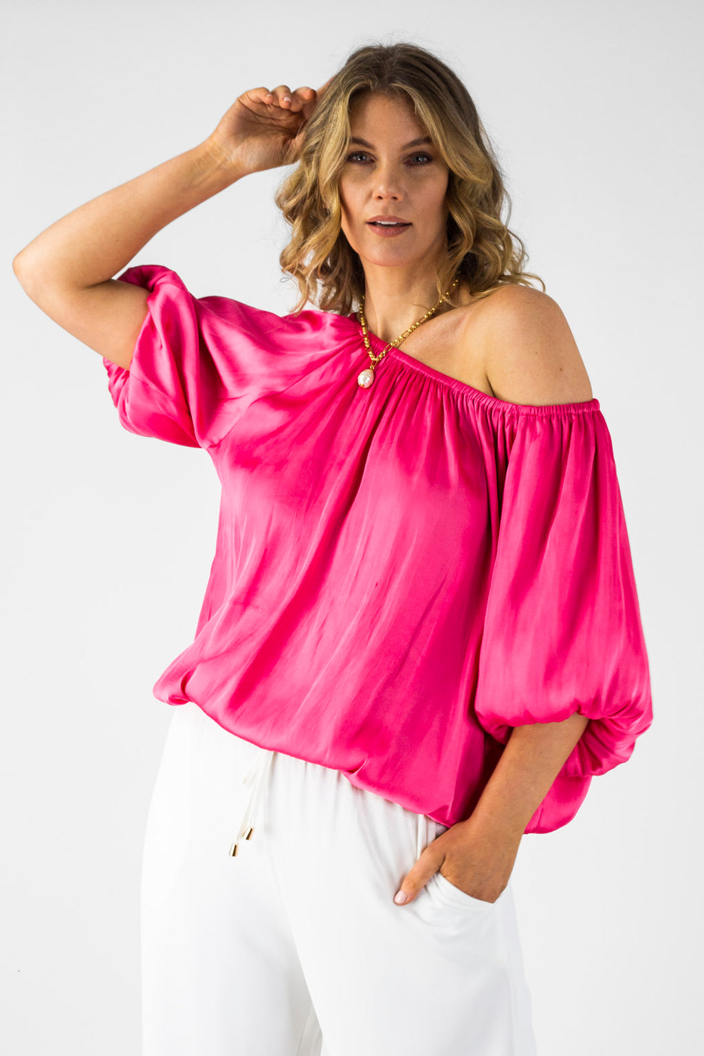 Hot Pink Silky Off Shoulder Top NT