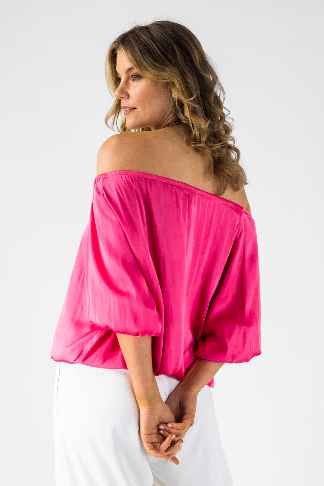 Hot Pink Silky Off Shoulder Top NT