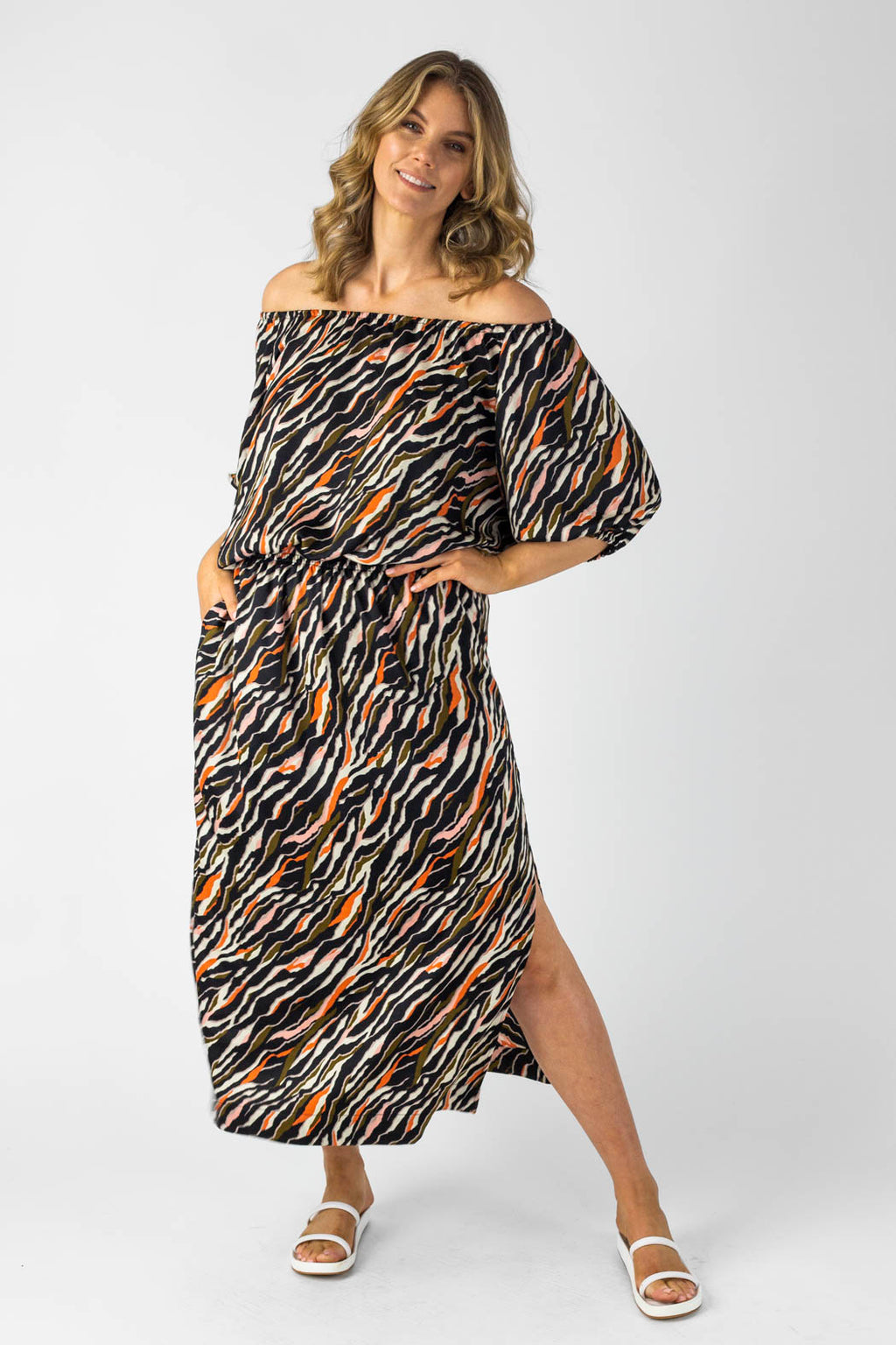 Multi Animal Off Shoulder Dress Nt