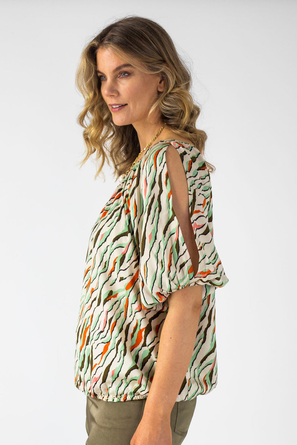 Mint Abstract Silky Balloon Sleeve Top - Final Sale