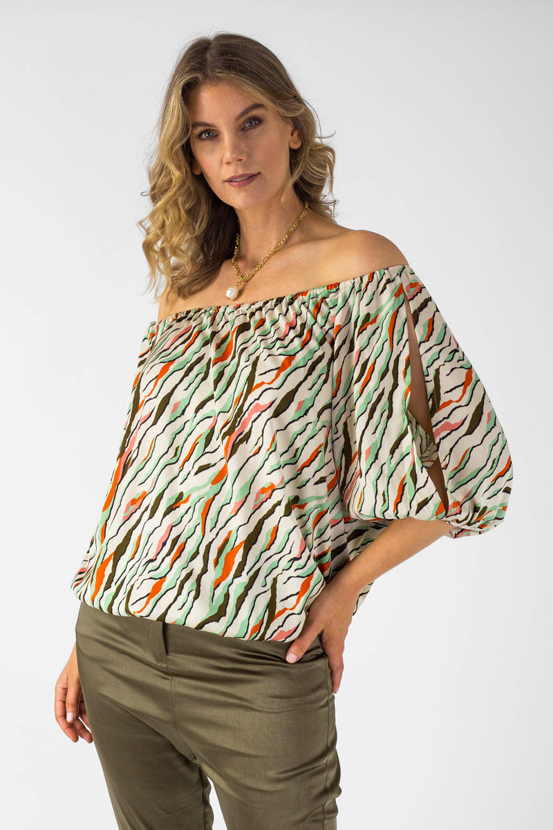 Mint Abstract Silky Balloon Sleeve Top - Final Sale