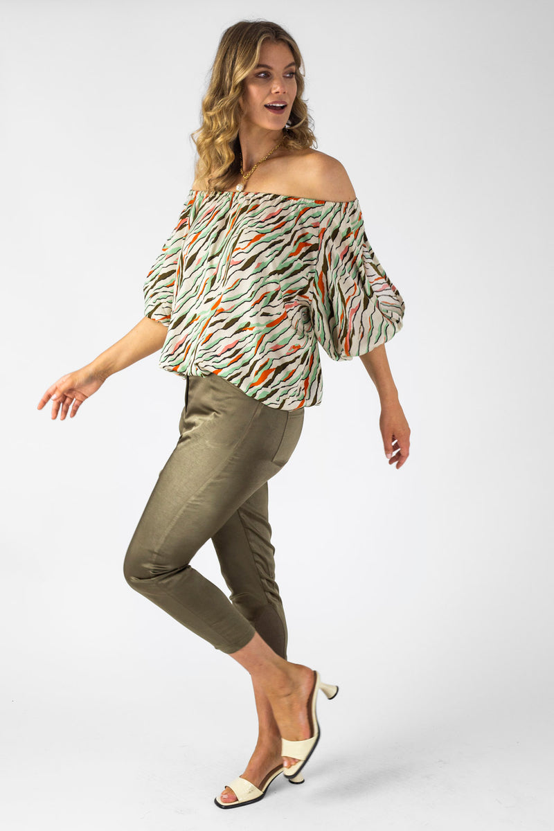 Mint Abstract Silky Balloon Sleeve Top - Final Sale