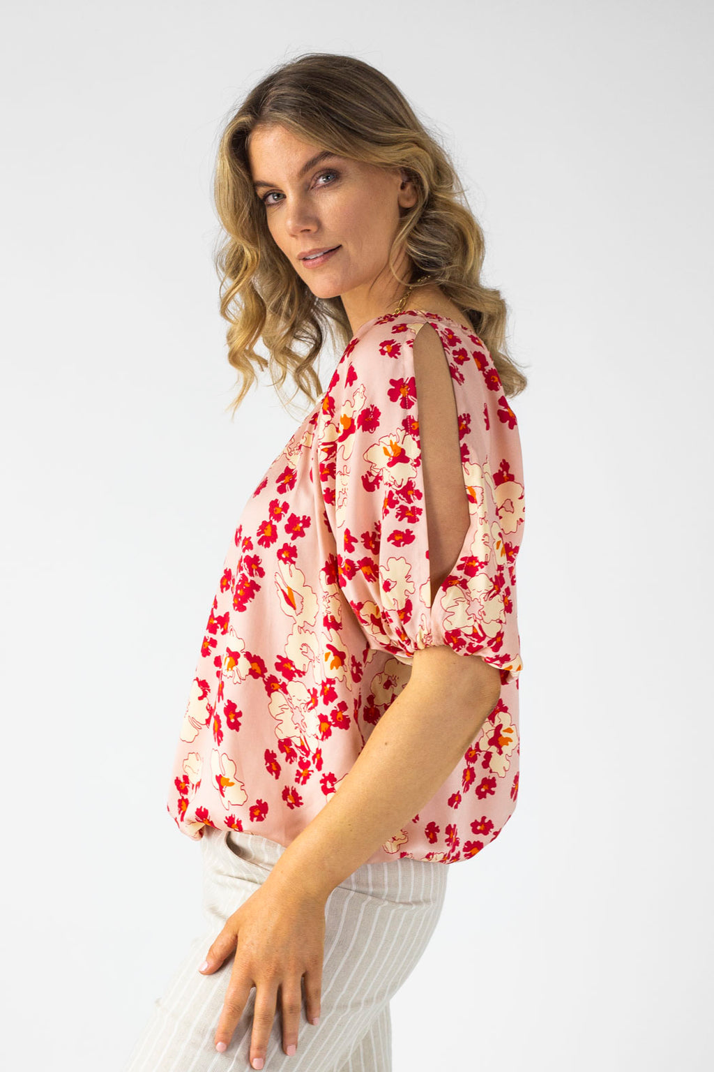Peach Print Silky Balloon Sleeve Top - Sale
