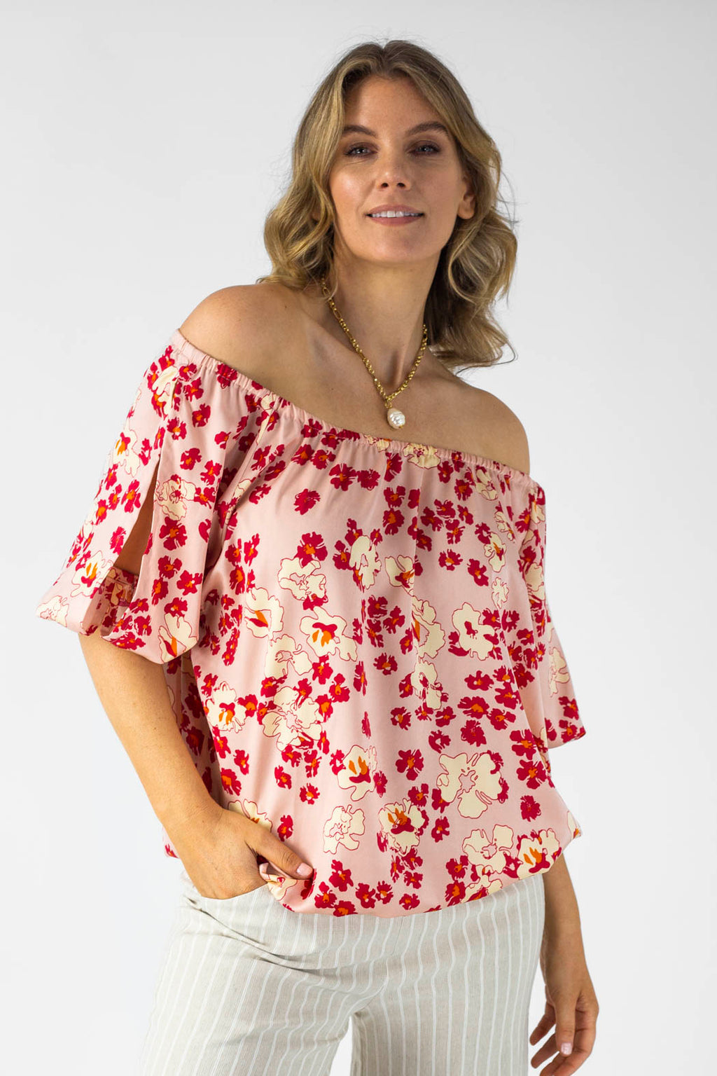 Peach Print Silky Balloon Sleeve Top - Sale