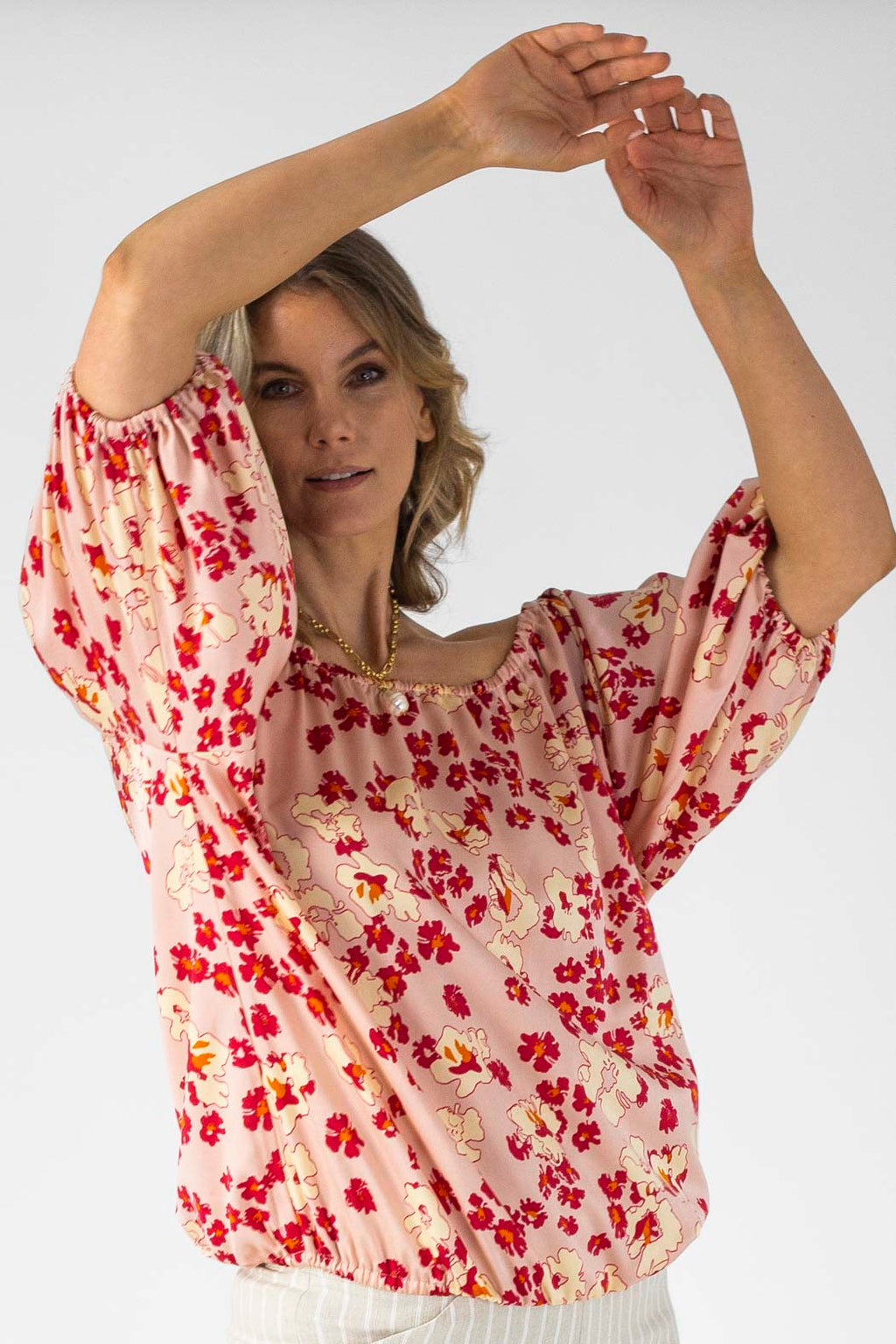 Peach Print Silky Balloon Sleeve Top - Sale