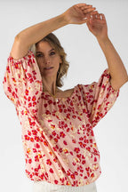 Peach Print Silky Balloon Sleeve Top - Sale