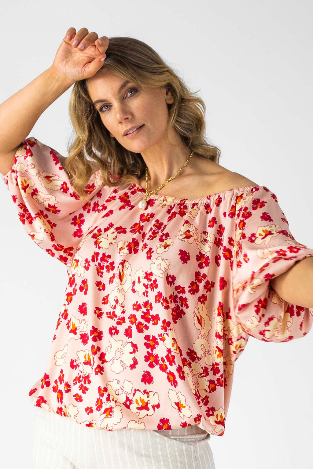 Peach Print Silky Balloon Sleeve Top - Sale