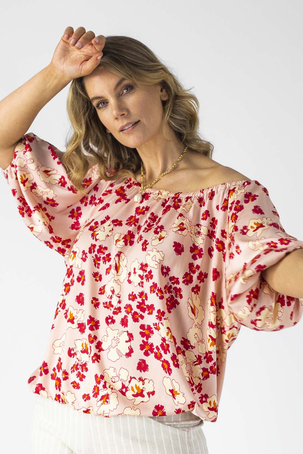 Peach Print Silky Balloon Sleeve Top - Sale