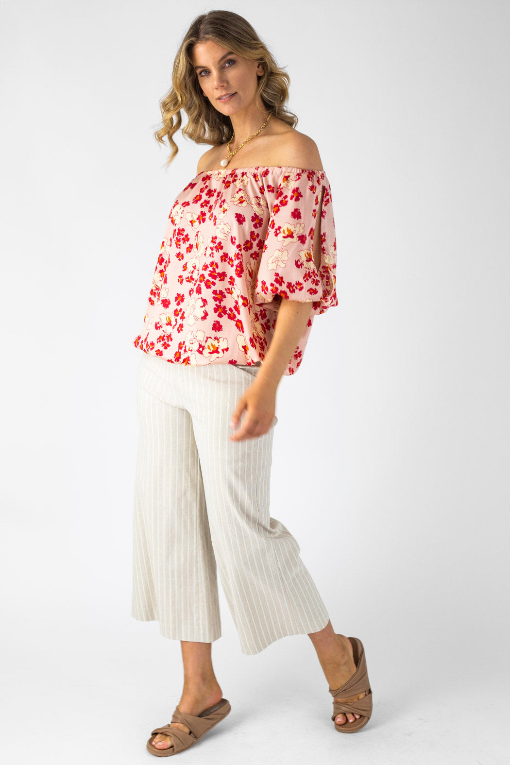 Peach Print Silky Balloon Sleeve Top - Sale