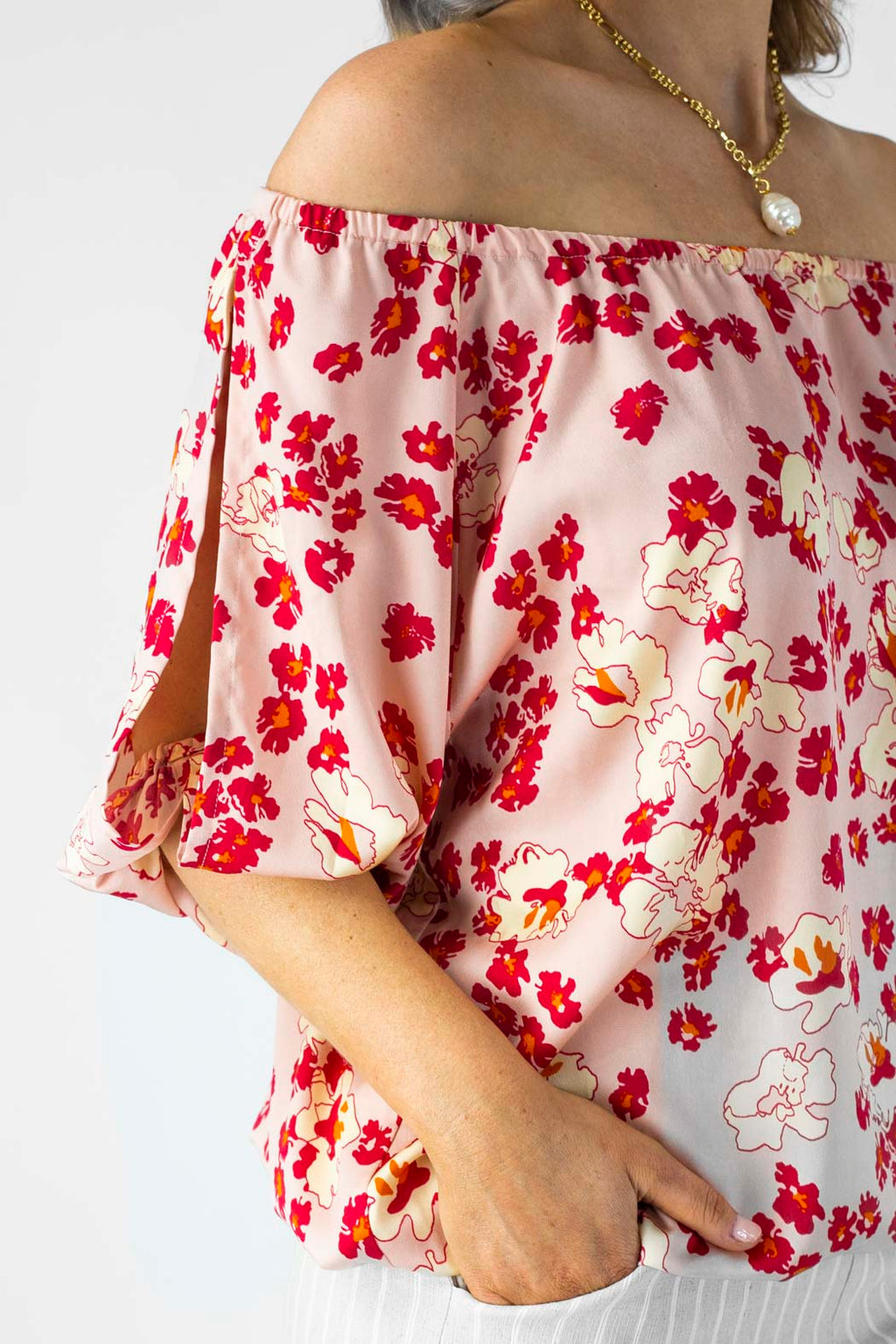 Peach Print Silky Balloon Sleeve Top - Sale