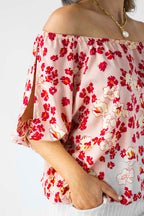 Peach Print Silky Balloon Sleeve Top - Sale