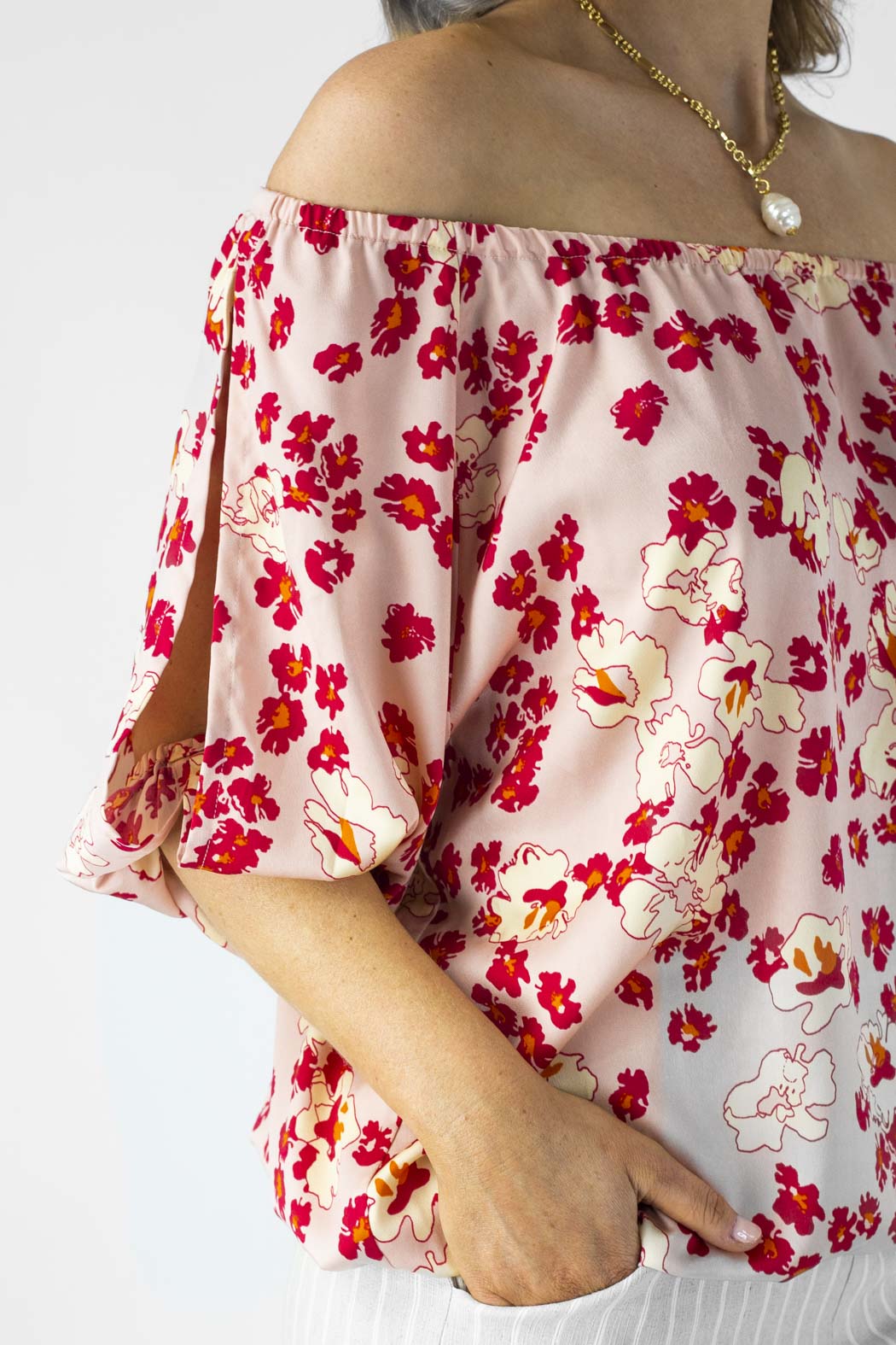 Peach Print Silky Balloon Sleeve Top - Sale