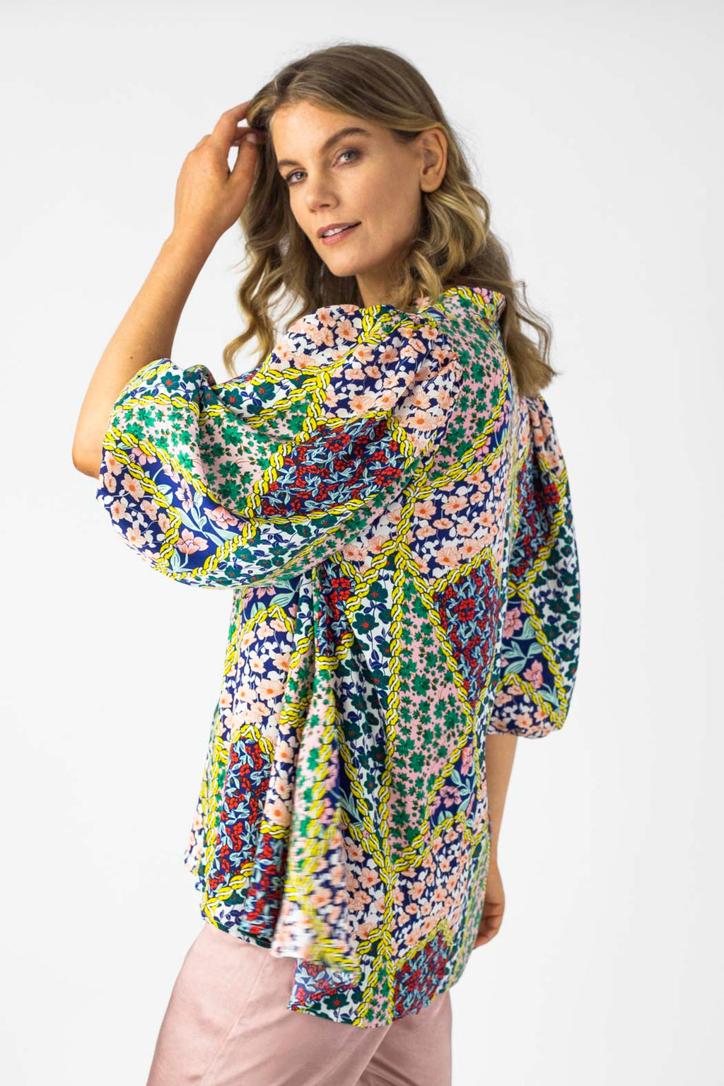 Floral Patchwork Silky Tunic Shirt - Sale