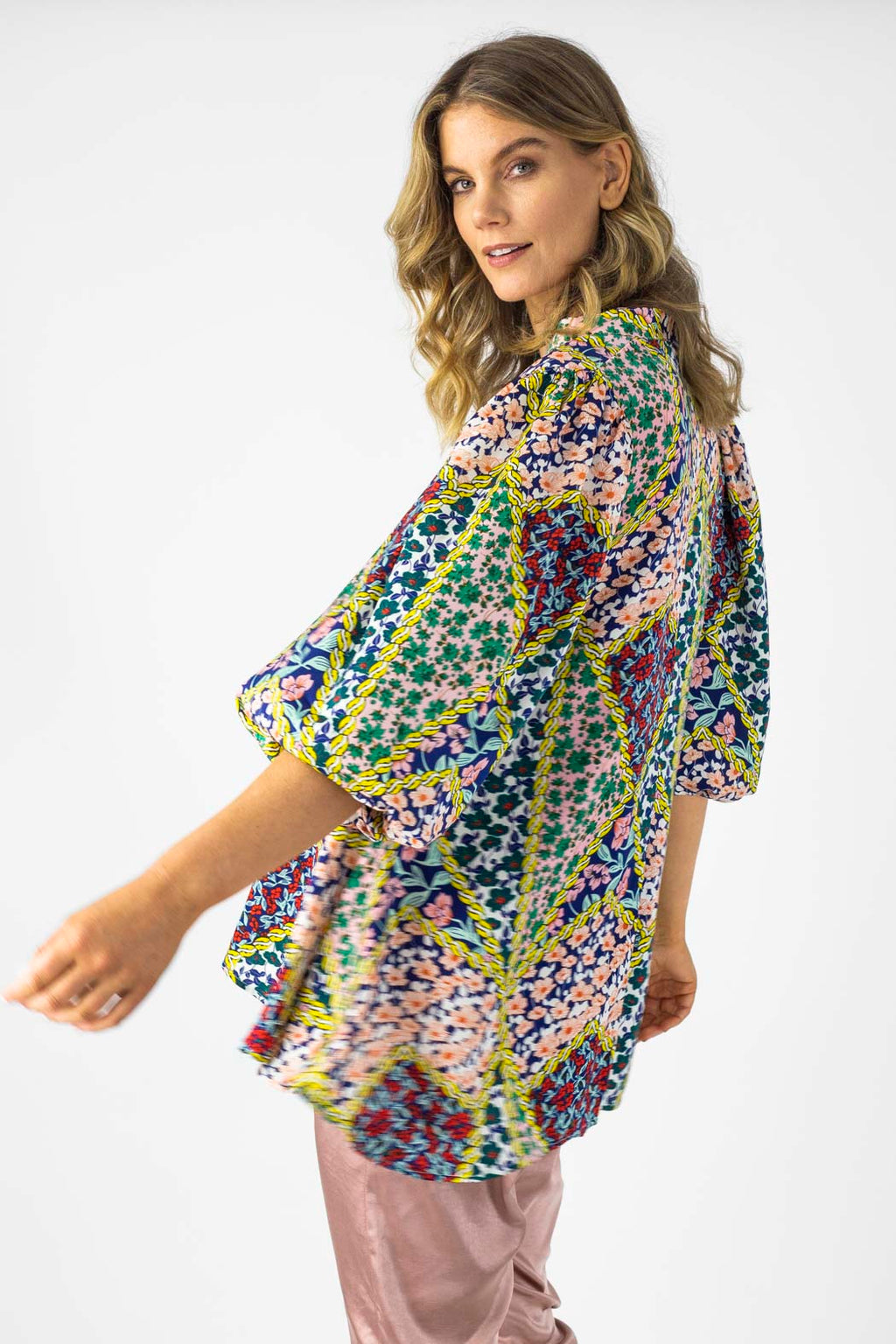 Floral Patchwork Silky Tunic Shirt - Sale