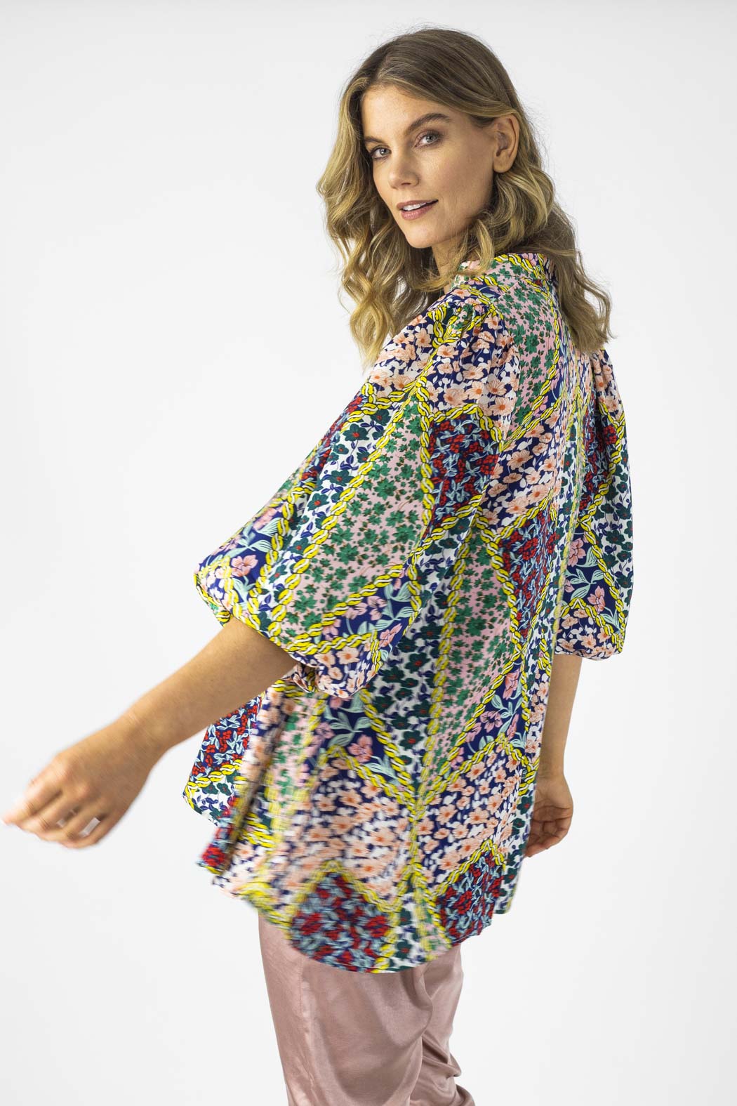 Floral Patchwork Silky Tunic Shirt - Sale