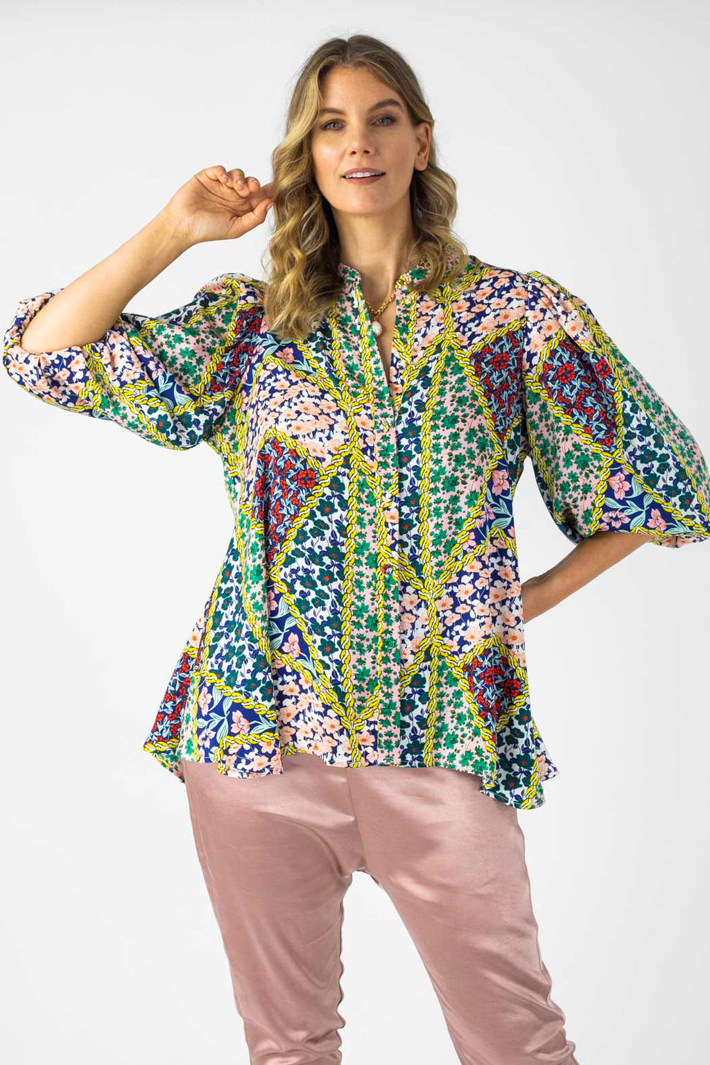 Floral Patchwork Silky Tunic Shirt - Sale