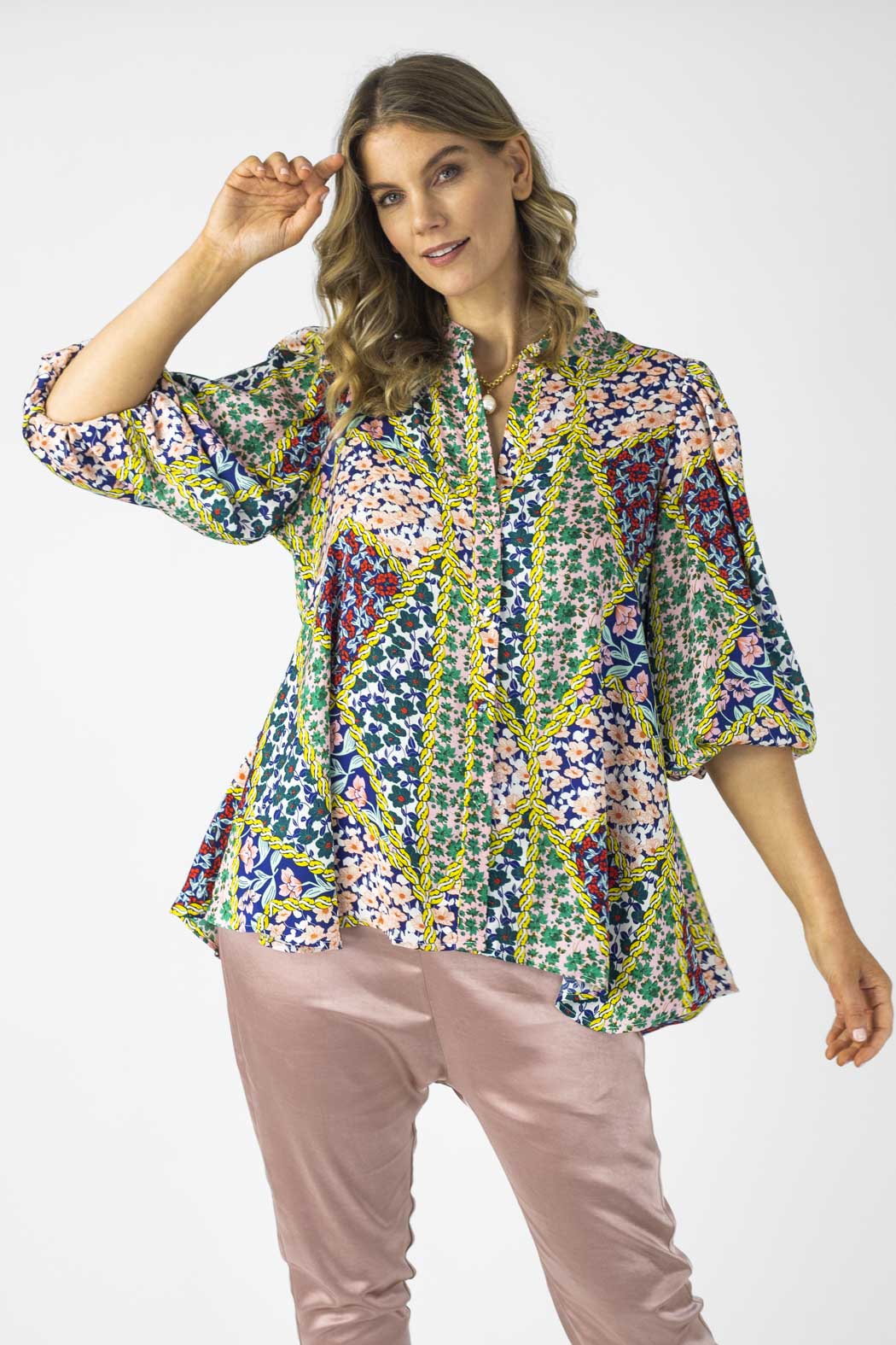 Floral Patchwork Silky Tunic Shirt - Sale