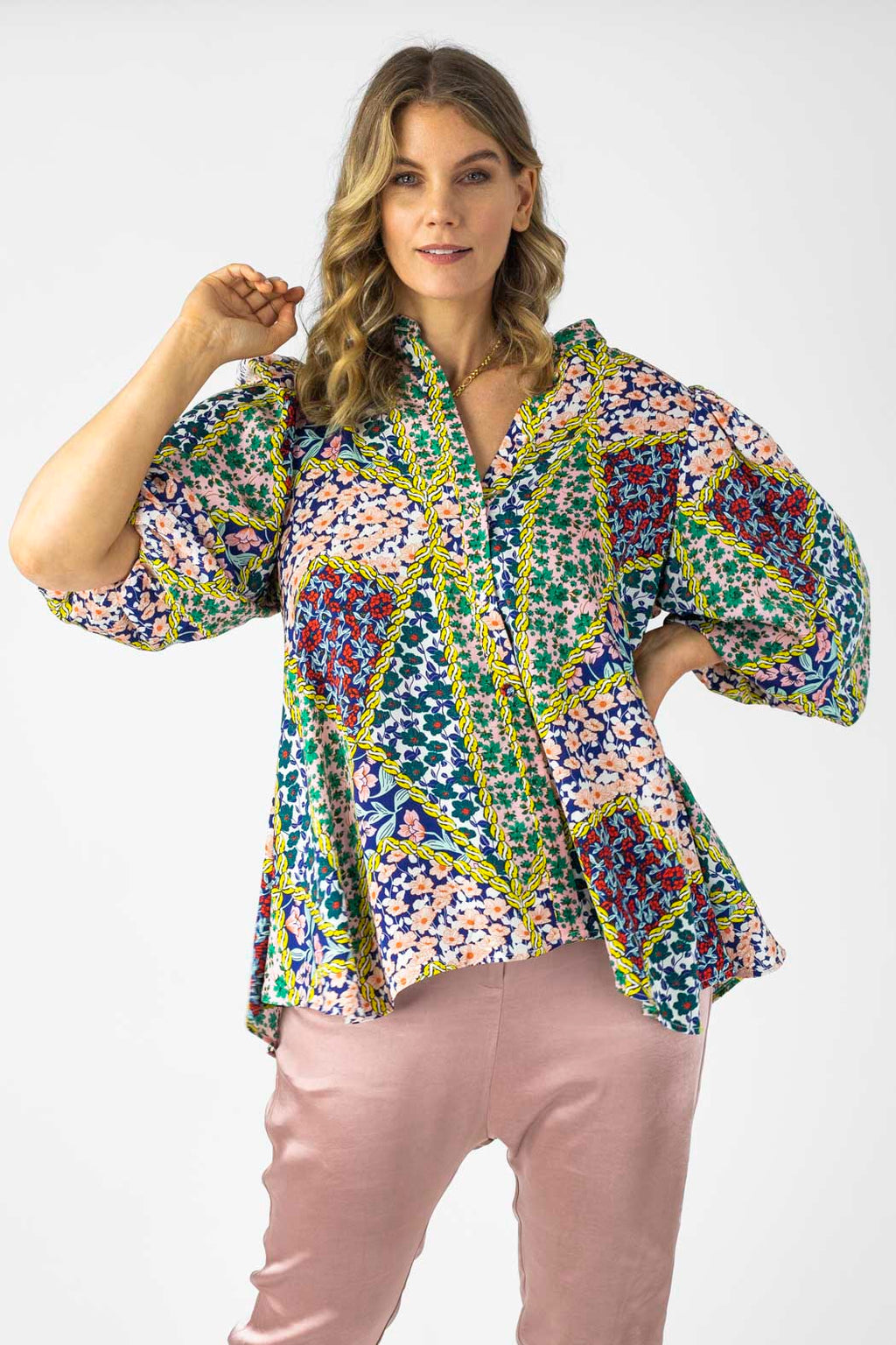 Floral Patchwork Silky Tunic Shirt - Sale