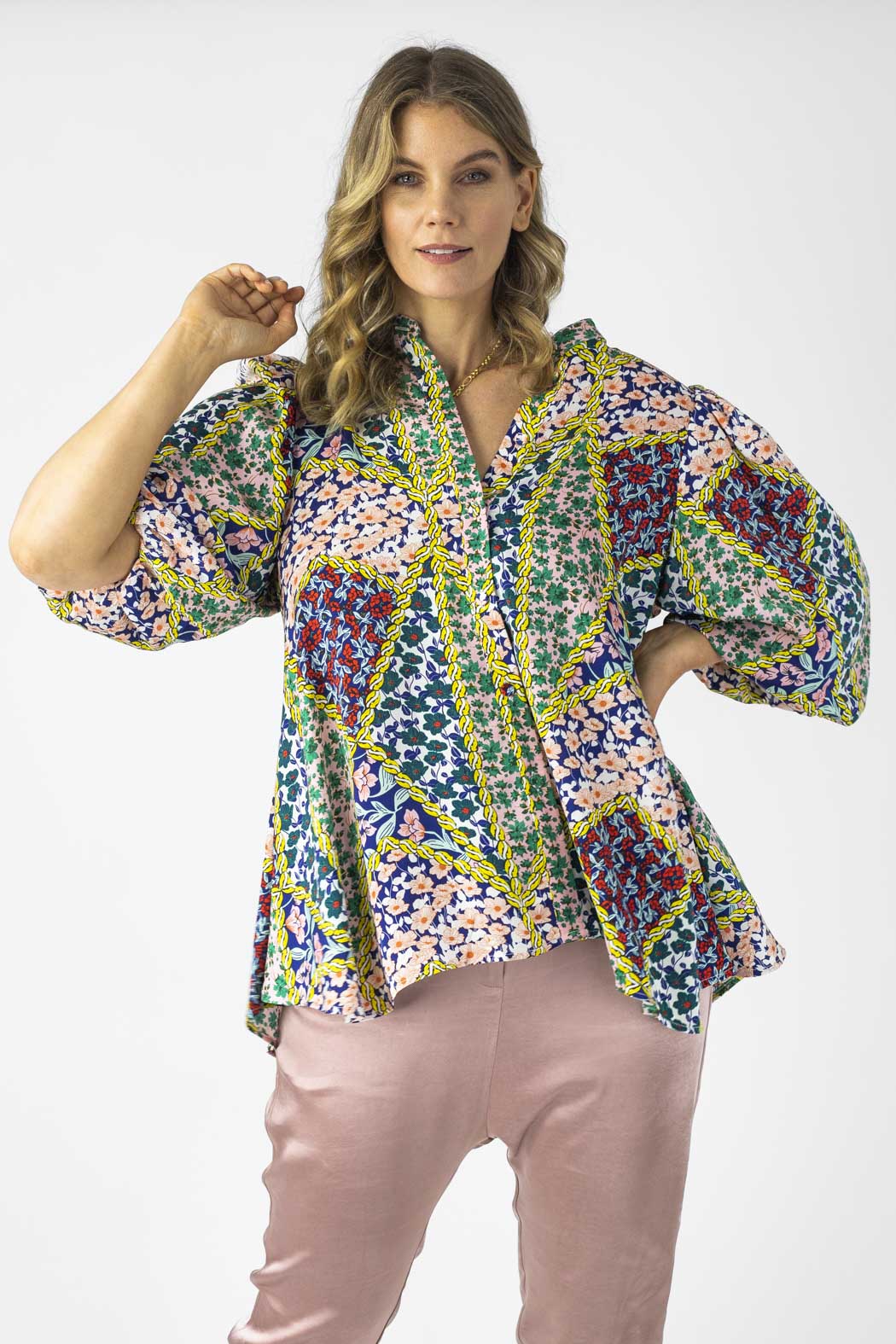 Floral Patchwork Silky Tunic Shirt - Sale