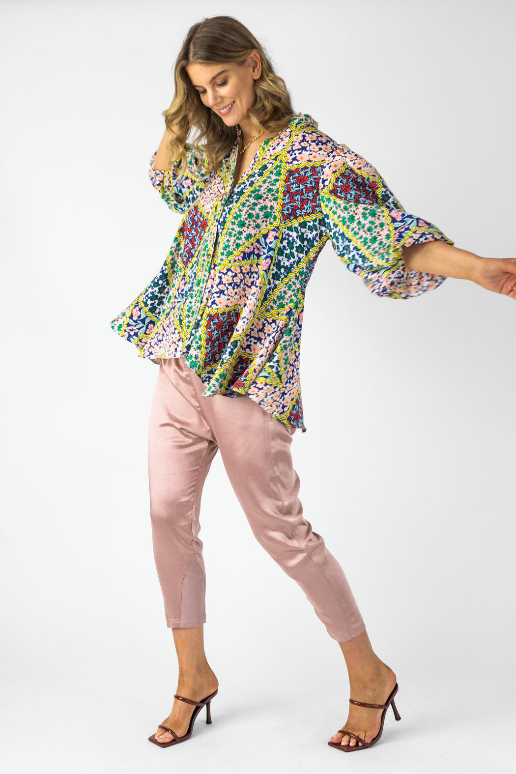 Floral Patchwork Silky Tunic Shirt - Sale